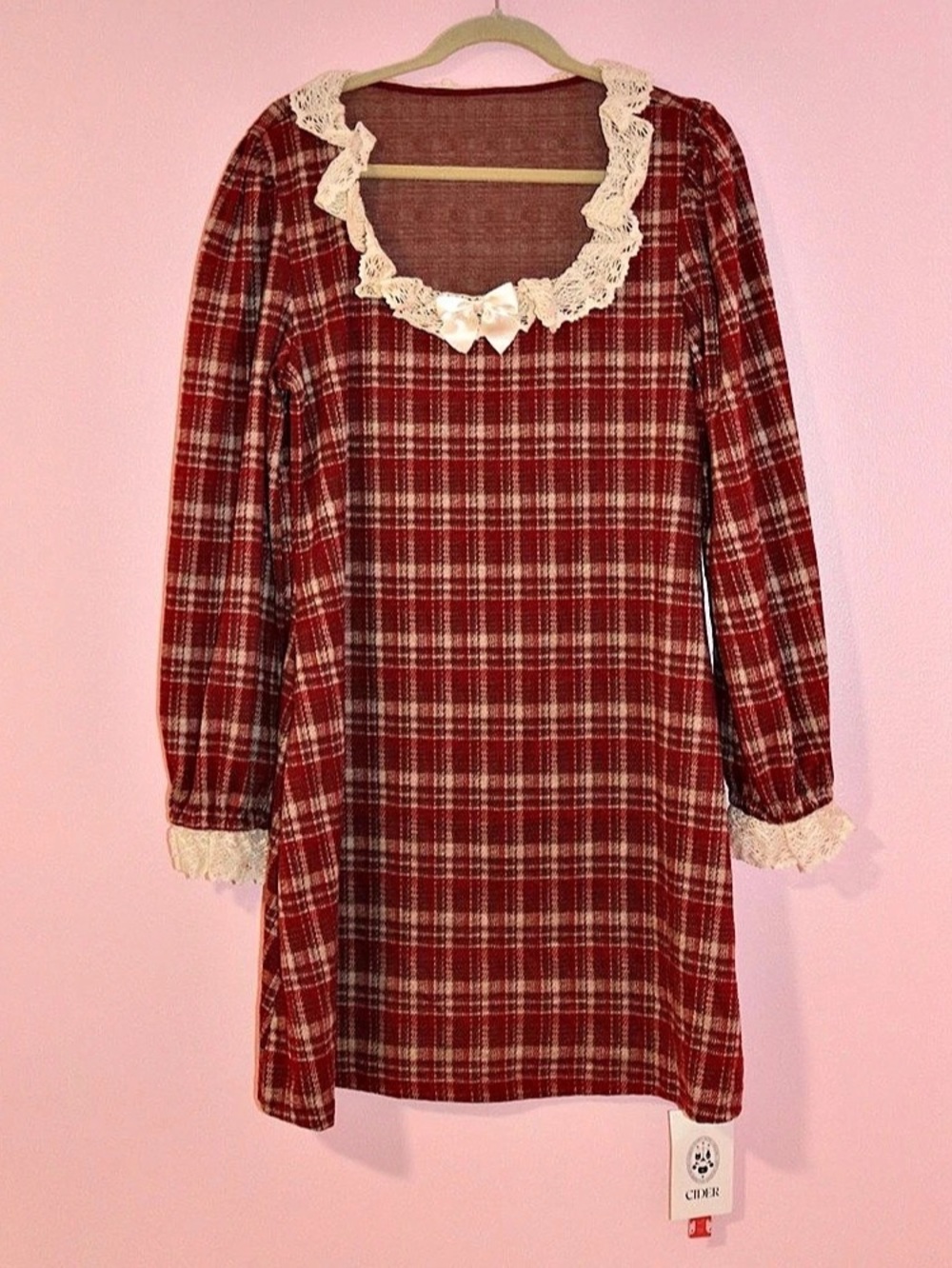 Cider Plaid Pattern Lace Trim Mini Dress in Red & White